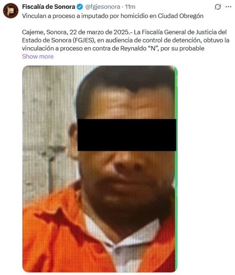 Vinculan a proceso a Reynaldo N por homicidio en Ciudad Obregón