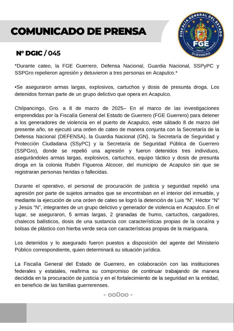 Comunicado oficial de la Fiscalía General del Estado de Guerrero