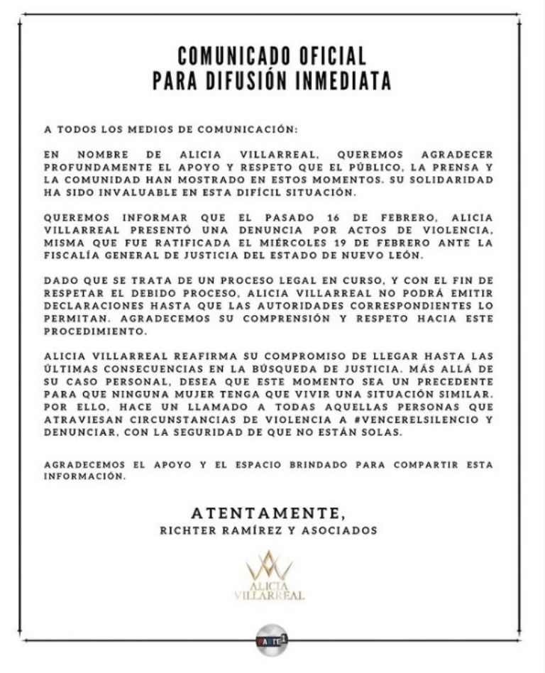 El 21 de febrero el sitio oficial de Alicia Villareal compartió un comunicado 
