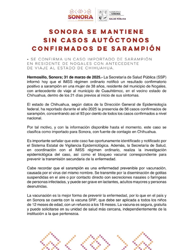 Comunicado de prensa de la Secretaría de Salud Pública (SSP)