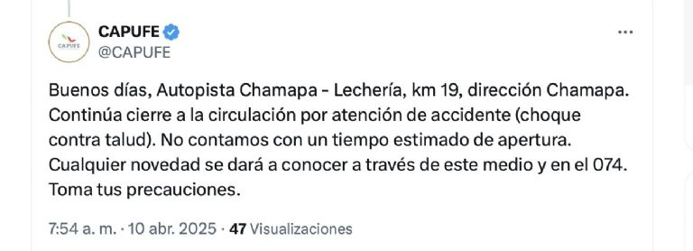 Autoridades señalaron que el accidente provocó un cierre de circulación. Foto: Twitter
