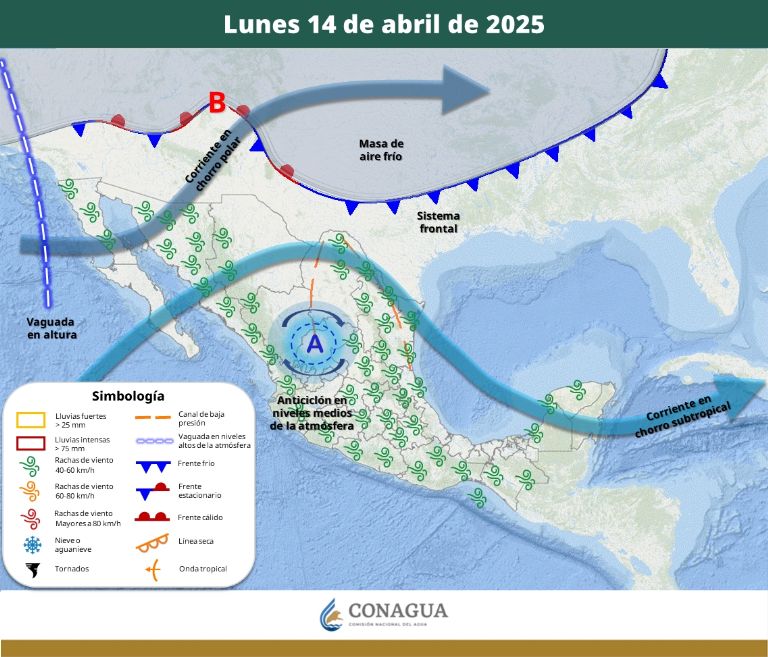 Pronóstico del clima del lunes 14 de abril de 2025. Foto: Conagua
