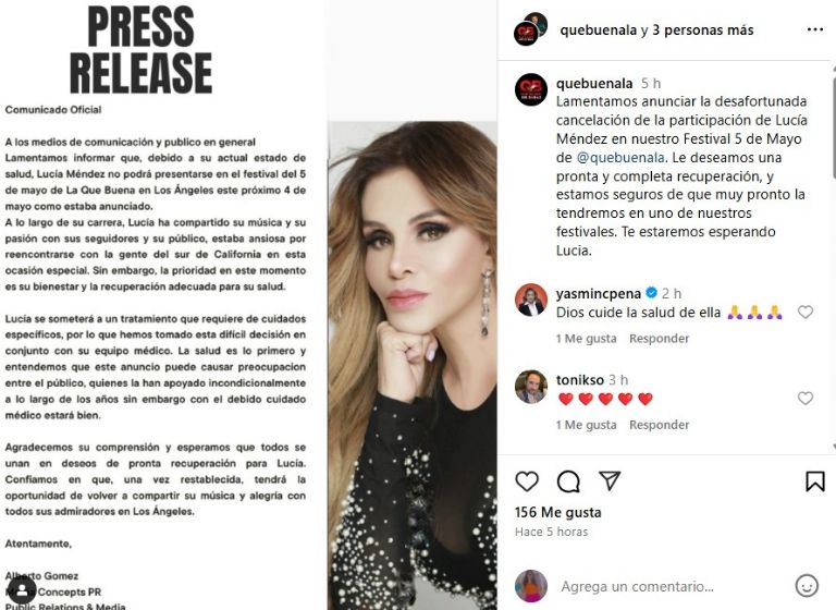 Lucía Méndez cancela concierto en Los Ángeles