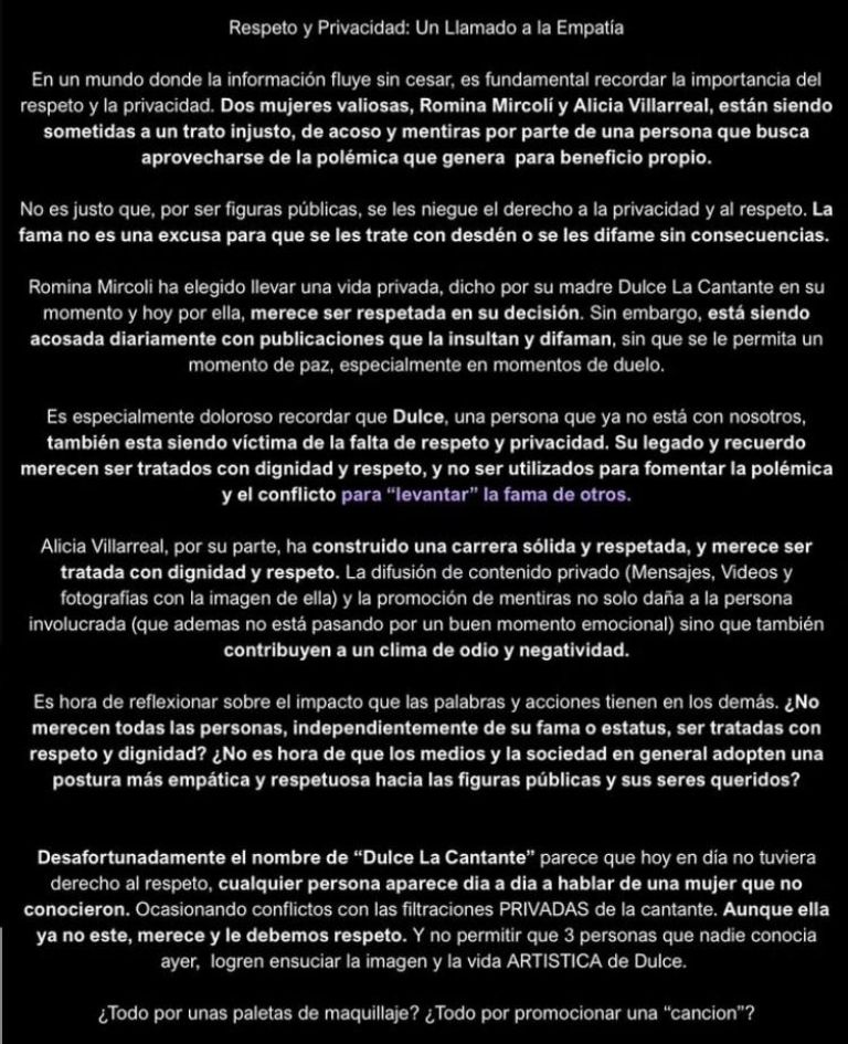 Comunicado de Romina Mircolí en su Instagram 