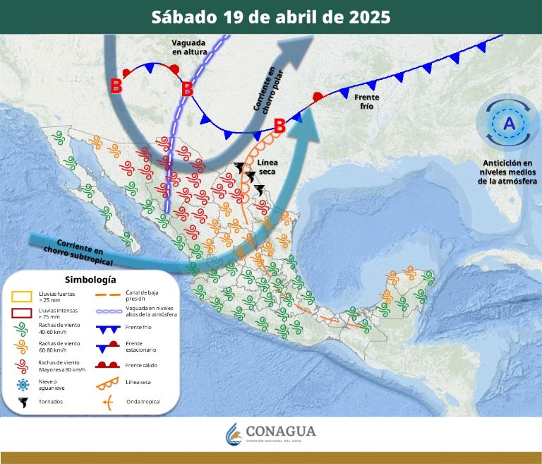 Pronóstico del clima para el sábado 19 de abril. Foto: CONAGUA