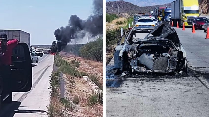 Fuego en carretera de Sonora: Sedán termina calcinado en el tramo Magdalena - Santa Ana