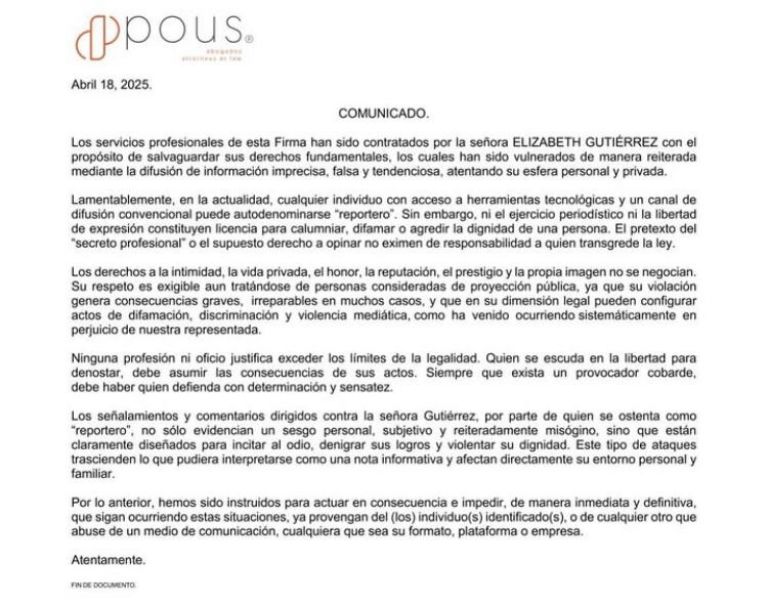 Elizabeth Gutiérrez compartió el comunicado 