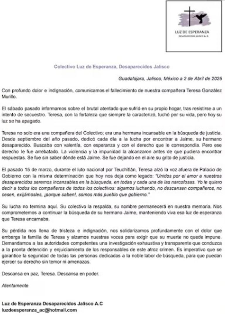 Comunicado del Colectivo Luz de Esperanza Desaparecidos Jalisco