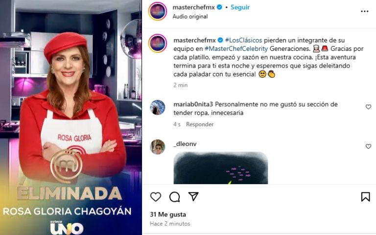 Rosa Gloria Chagoyán fue eliminada de MasterChef Celebrity