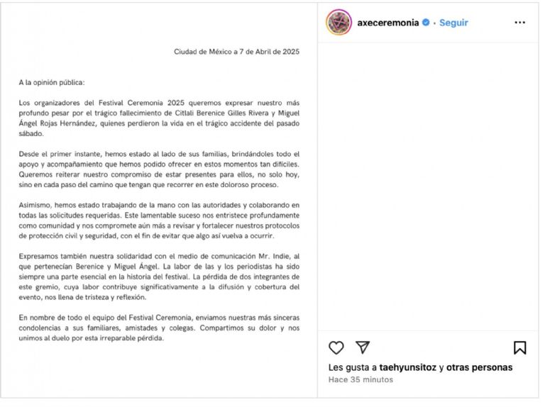 Axe Ceremonia lanzó nuevo comunicado. Foto: Facebook