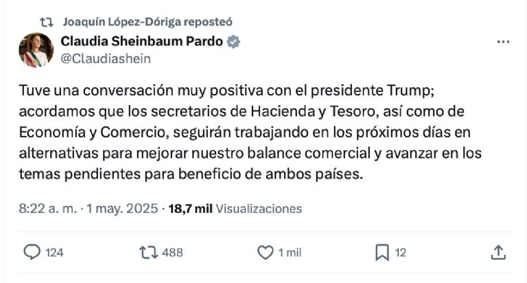 Claudia Sheinbaum informó sobre su más reciente llamada con Trump. Foto: Twitter