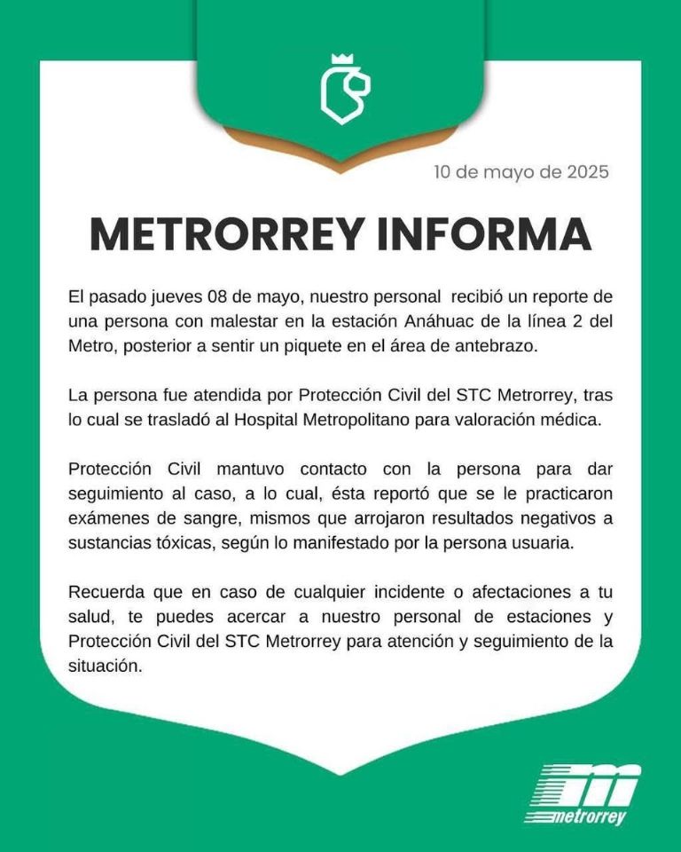 Metrorrey informa sobre ataque de 'pinchazo'. Foto: Internet