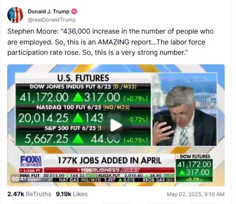 A través de Truth Social el mandatario realizó una publicación sobre las cifras de empleos