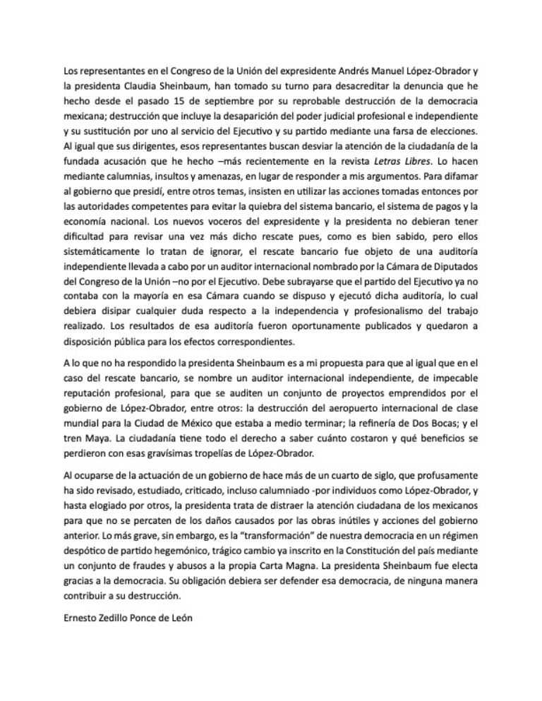 Supuesta carta emitida por el expresidente Ernesto Zedillo