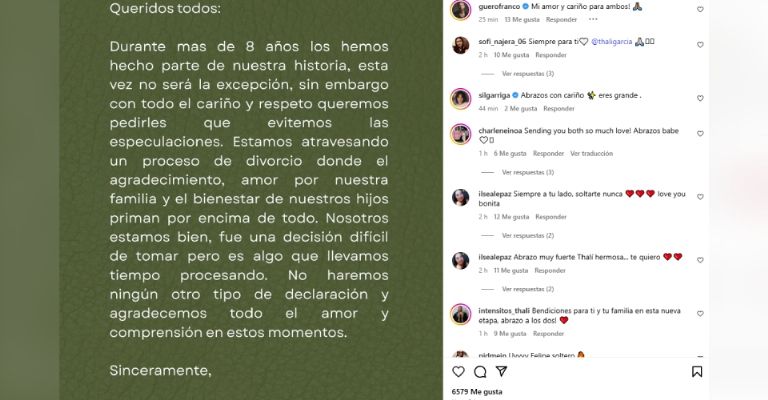 Thalí García anuncia su divorcio de Felipe Aguilar tras superar el cáncer