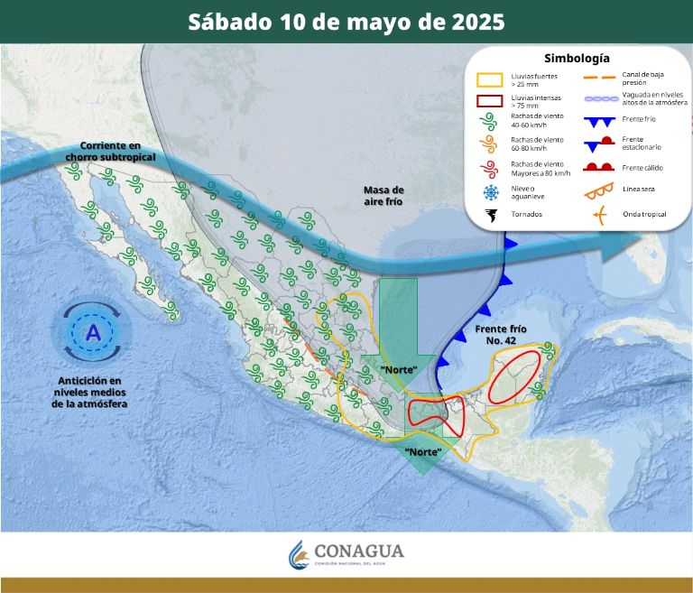 Pronóstico del clima del sábado 10 de mayo. Foto: Conagua