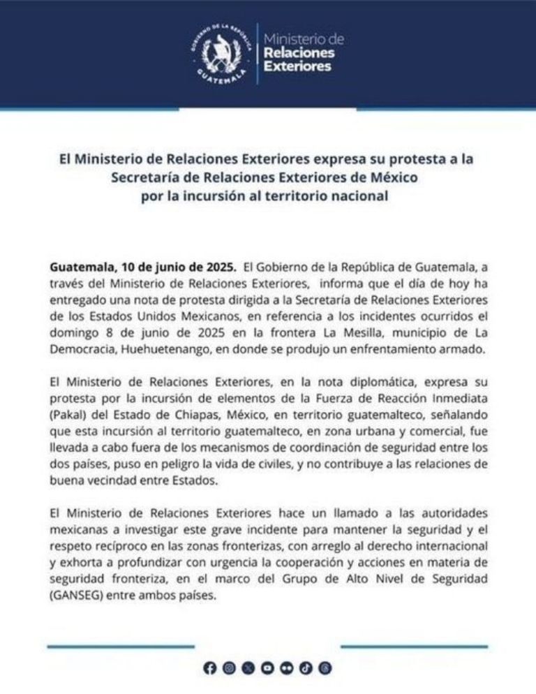 Guatemala envio nota diplomatica a Mexico por los hechos del pasado 8 de junio en la frontera