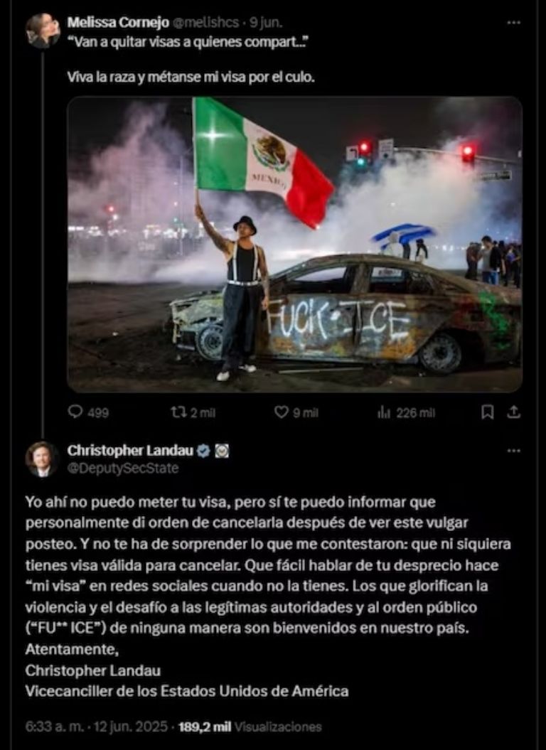 En la red social X aparece una publicacion en protesta a las redadas de Los Ángeles