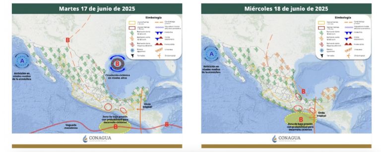 Pronóstico del clima para el martes 16 y miércoles 17 de junio. Foto: Conagua