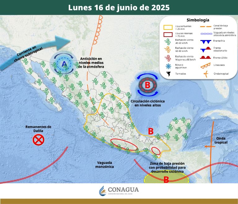 Pronóstico del clima para el lunes 16 de junio. Foto: Conagua