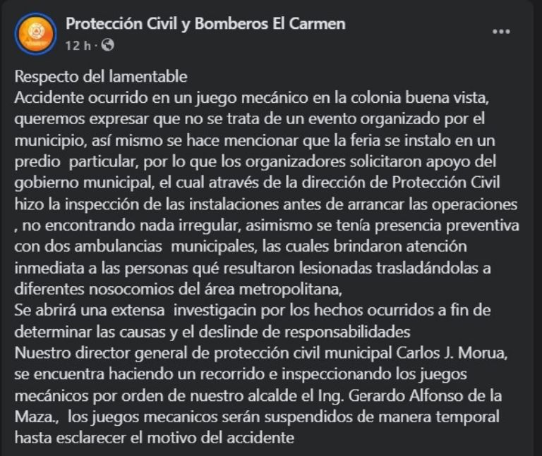 Facebook de Protección Civil y Bomberos El Carmen