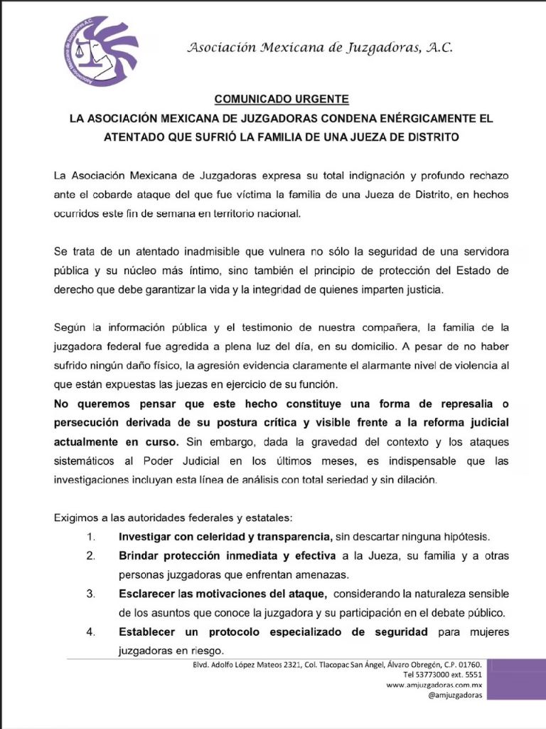 Asociacion Mexicana de Juzgadores manifesto su postura por los ataques en contra de la jueza