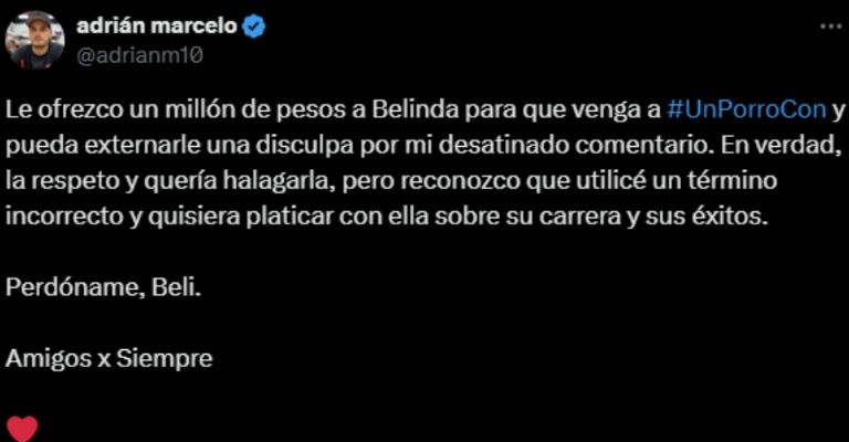 Adrián Marcelo le ofrece un millón de pesos a Belinda tras llamarla prostituta