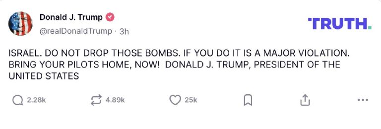 Donald Trump critica a Israel por no respetar alto al fuego contra Irán. Foto: Truth Social