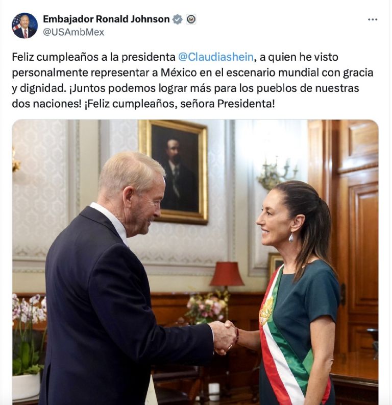 Embajador de EU en México felicita a Claudia Sheinbaum en su cumpleaños. Foto: Internet