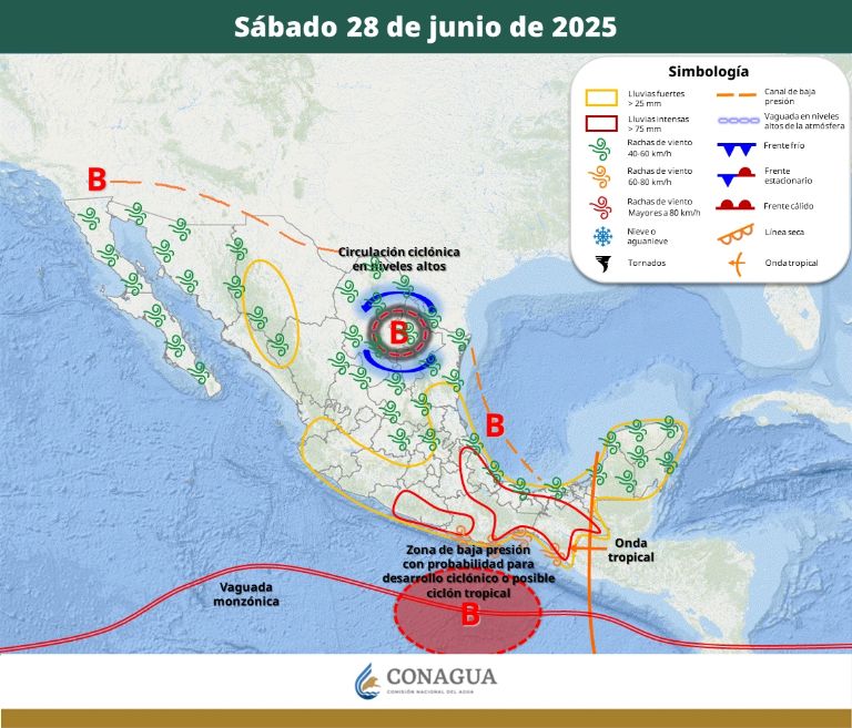Pronóstico del clima para el sábado 28 de junio. Foto: Conagua
