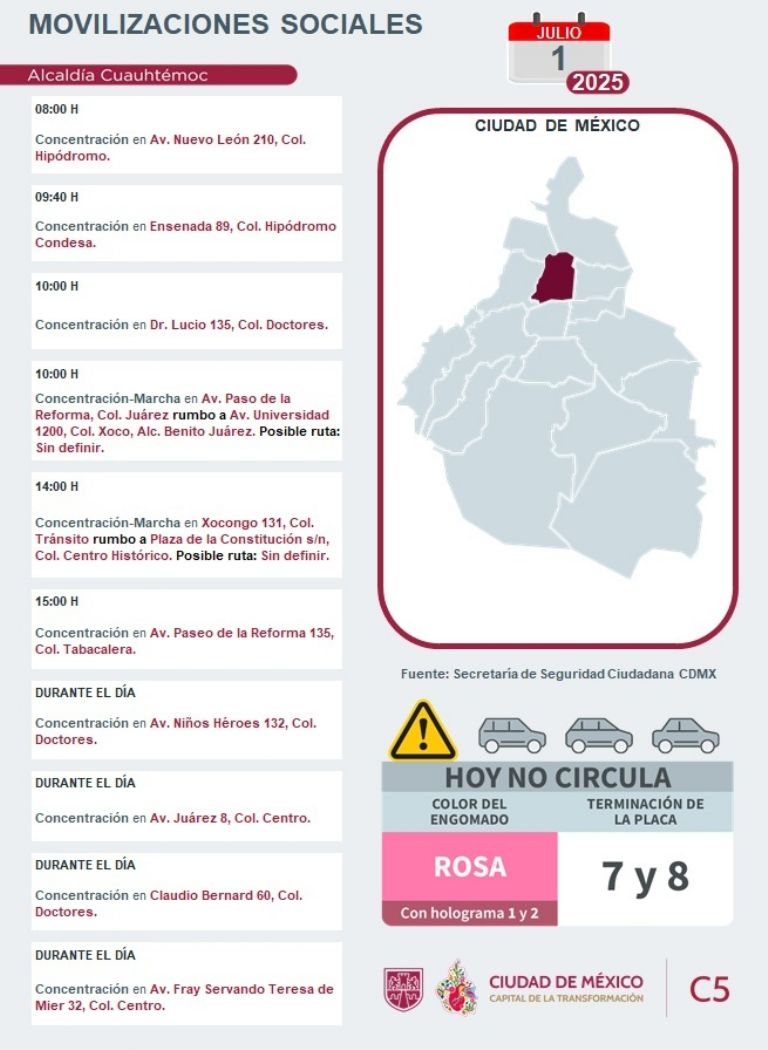 Marchas y Movilizaciones para este lunes 1 de julio