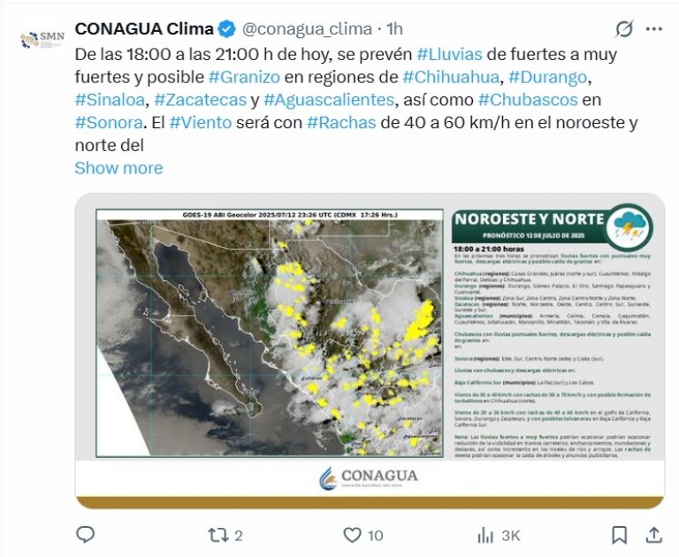 El clima según Conagua hoy por la noche 