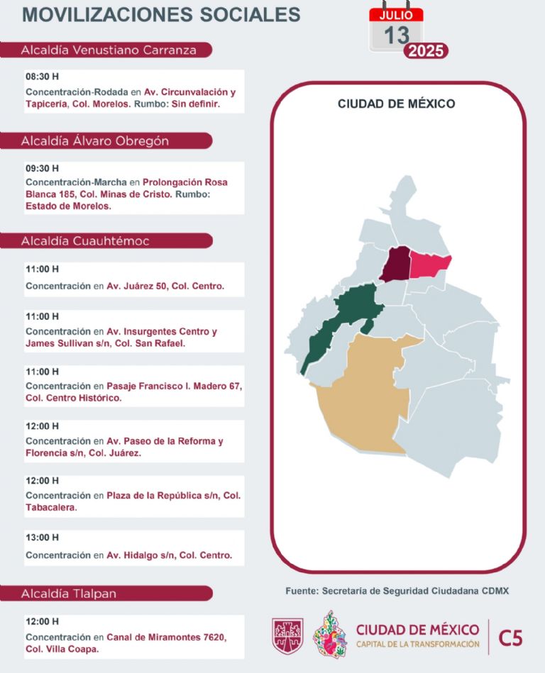 Marchas y Movilizaciones para este domingo 13 de julio
