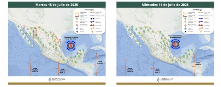 Reporte del clima para el martes 15 y miércoles 16 de julio. Foto: Conagua
