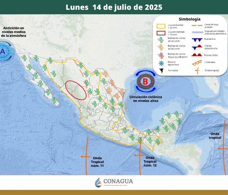 Así será el clima este lunes 14 de julio de 2025. Foto: Conagua