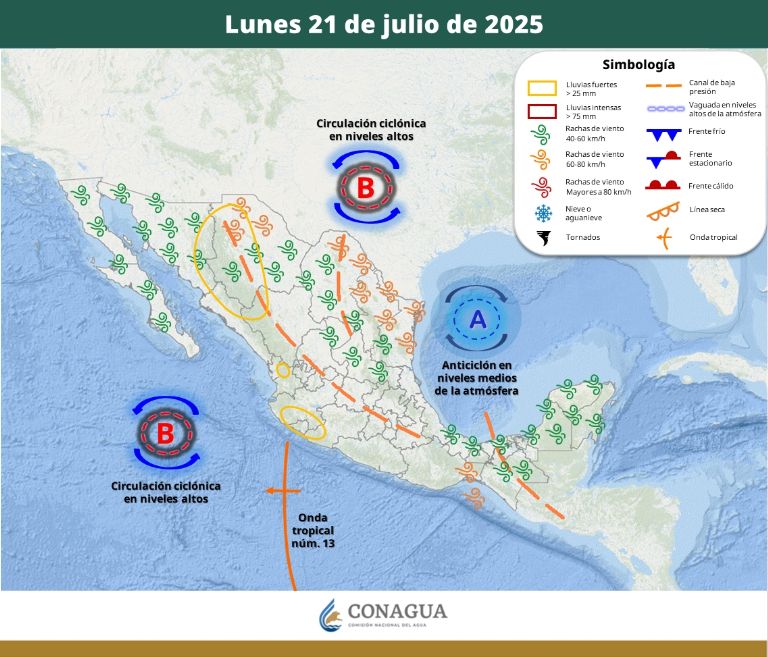 Pronóstico del clima para este lunes 21 de julio. Foto: Conagua