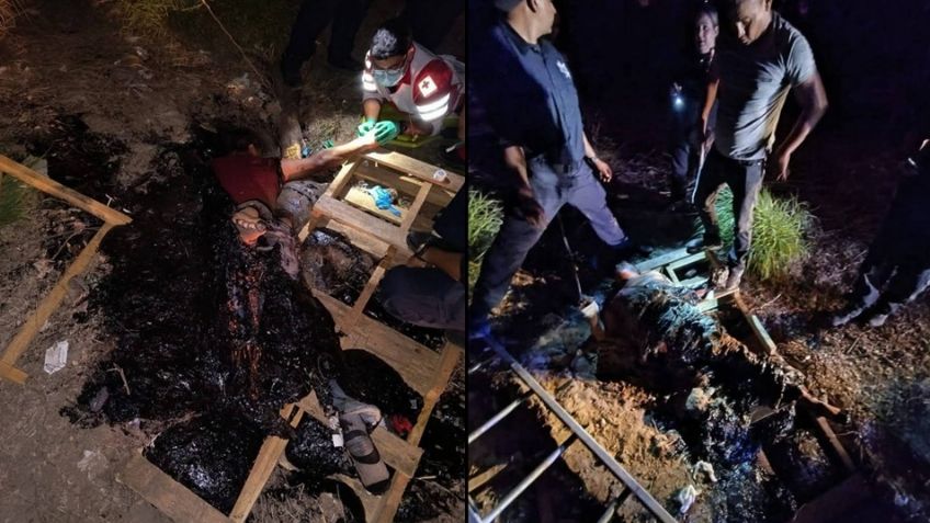 Hombre cae a profunda fosa de chapopote en Bacobampo, Sonora; logran rescatarlo con vida