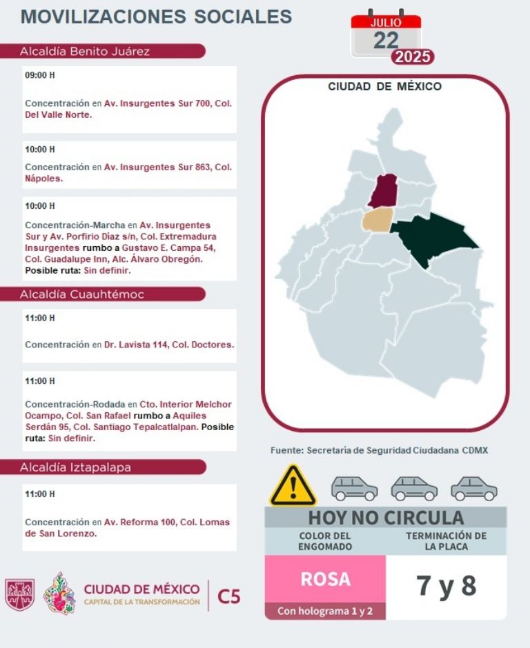 Marchas y Movilizaciones para este lunes 22 de julio