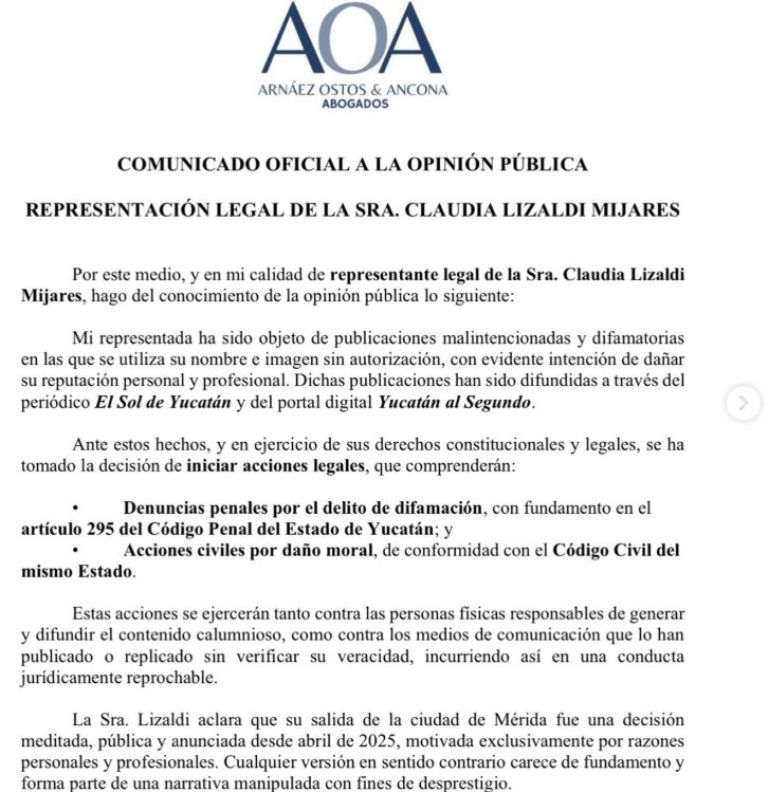 Comunicado del equipo legal de Claudia 