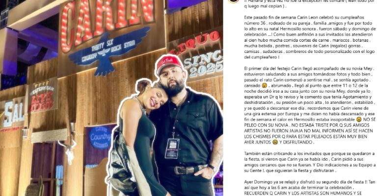 Carín León abandonaría su cumpleaños por problemas de salud