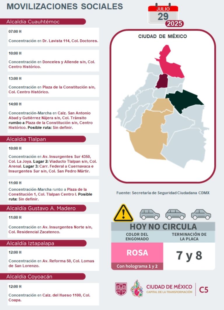 Marchas y Movilizaciones para este martes 29 de julio