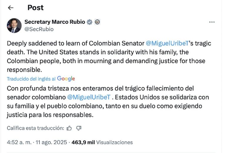 El secretario de EU se pronunció por la muerte de Uribe Turbay. Foto: Twitter