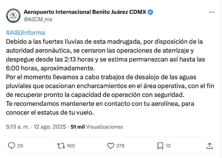 El AICM suspendió operaciones este martes 12 de agosto. Foto: Twitter