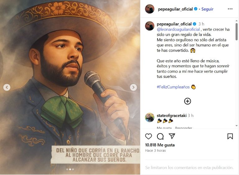 Pepe Aguilar felicitando a su hijo Leonardo Aguilar a través de Instagram