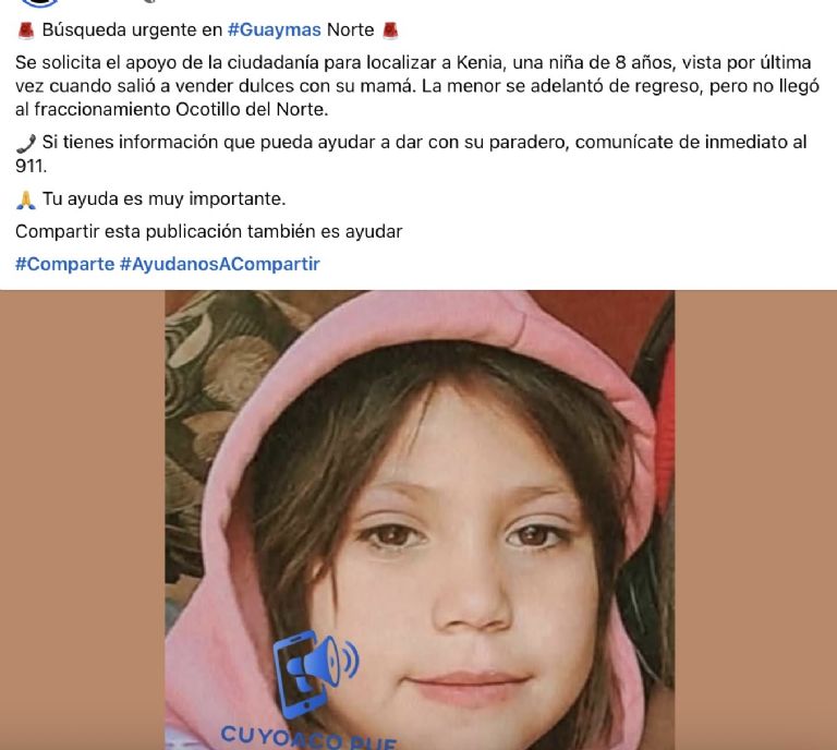 Buscan a menor desaparecida en Guaymas. Foto: Facebook