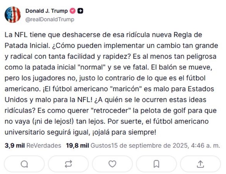 Donald Trump se quejó de la nueva regla en NFL