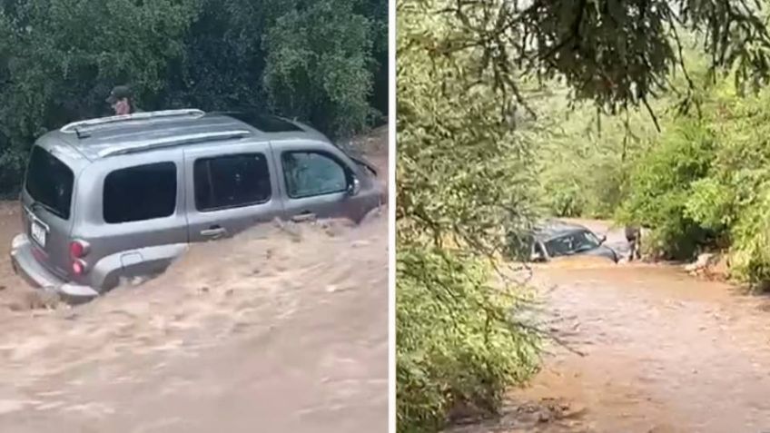 Octogenario y su vehículo quedan atrapados por la creciente de un arroyo en Sonora