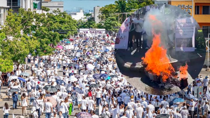 VIDEO: Queman piñatas de Sheinbaum y Rocha en marcha por violencia en Culiacán a un año de la narcoguerra