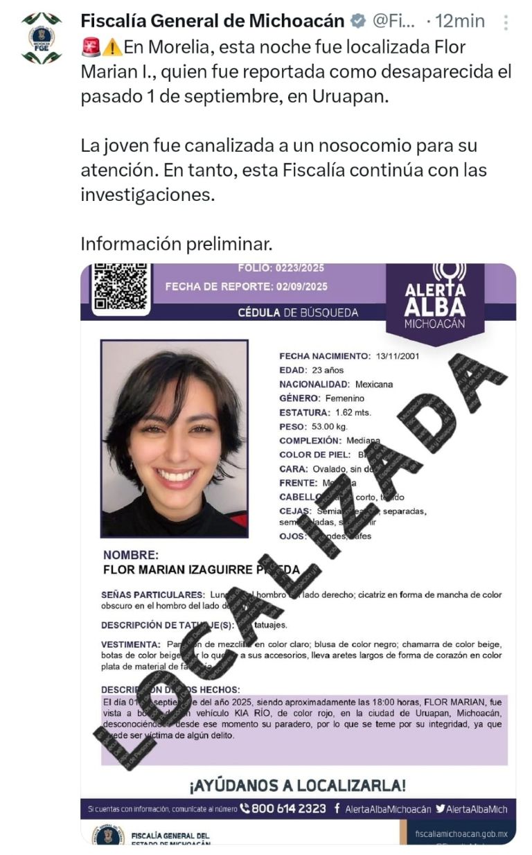 Hallan con vida a la influencer Flor Marian. Foto: FGE