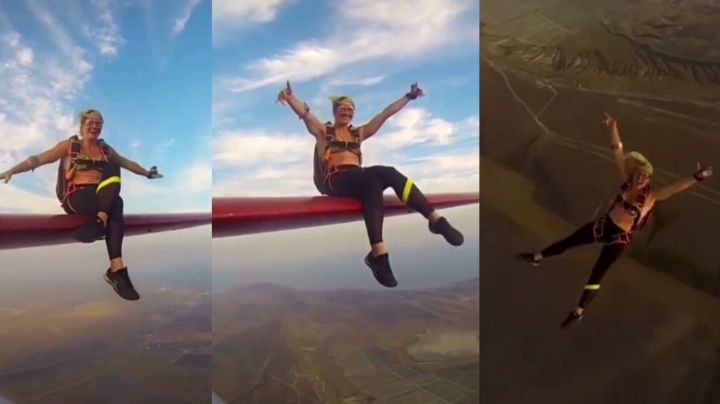 VIDEO: Mujer pasea sobre el ala de una avioneta y se lanza con paracaídas